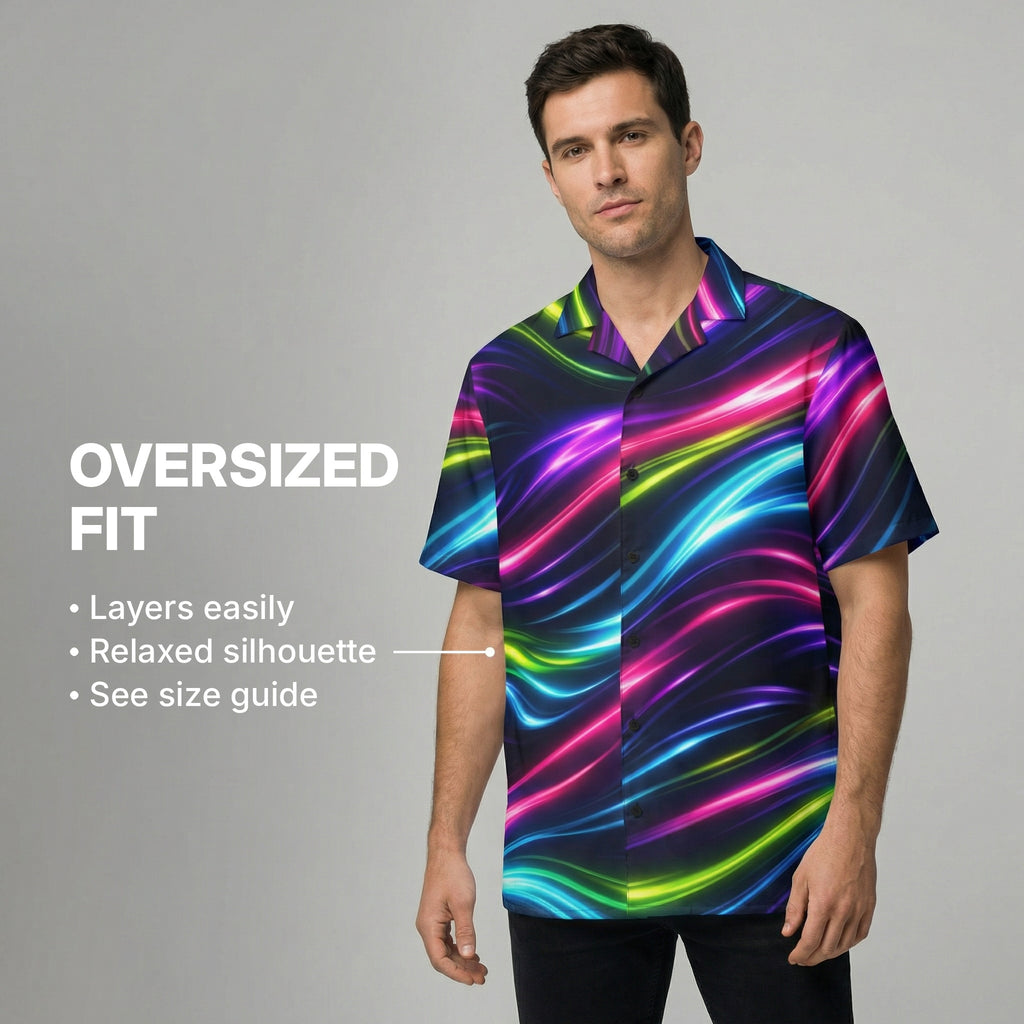 Neon Flow shirt oversized fit infographic – layers easily, relaxed silhouette, see size guide