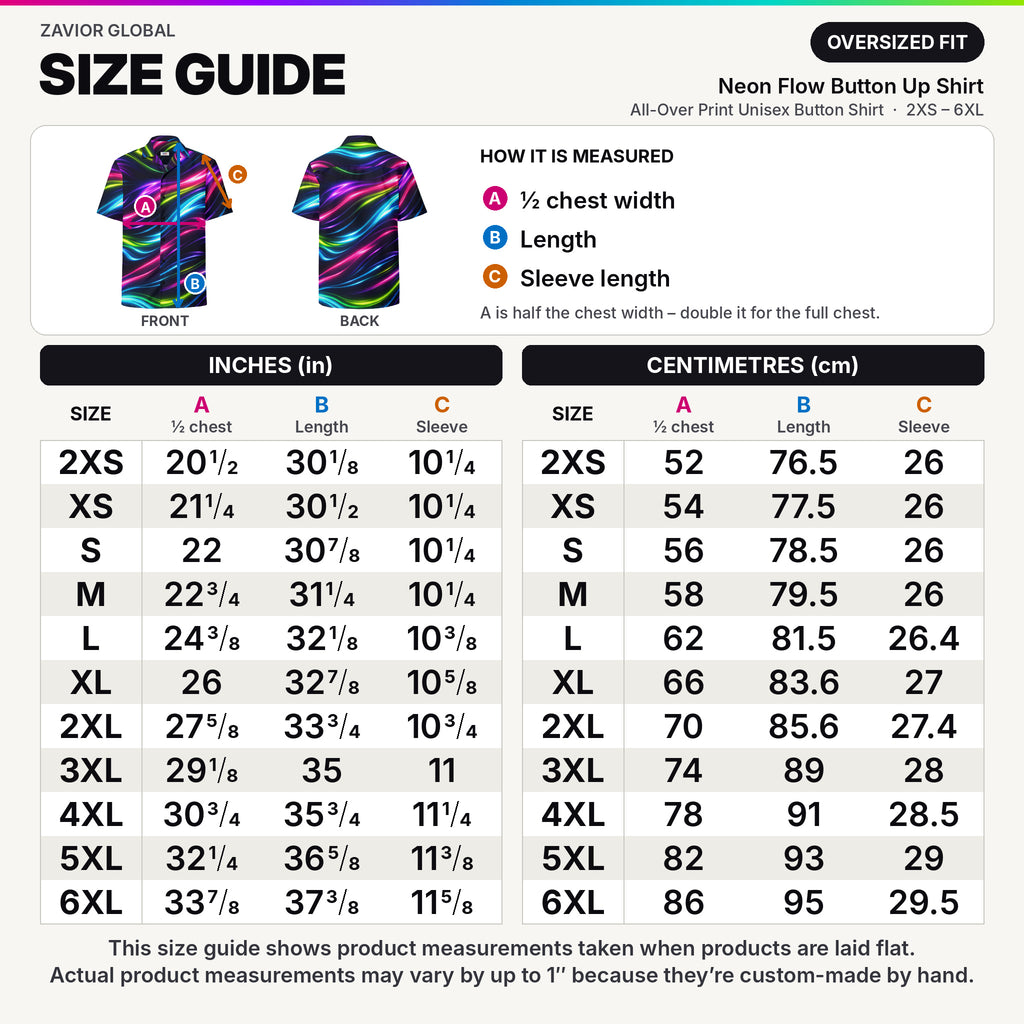 Neon Flow button-up shirt size guide 2XS–6XL – half chest, length and sleeve in inches and centimetres
