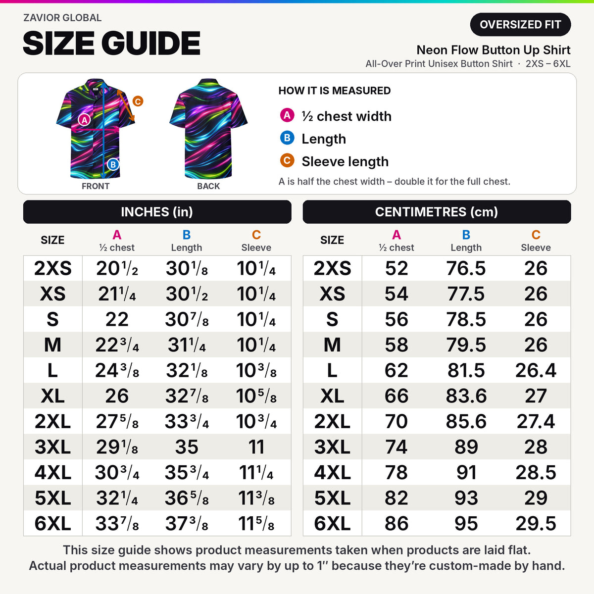 Neon Flow button-up shirt size guide 2XS–6XL – half chest, length and sleeve in inches and centimetres