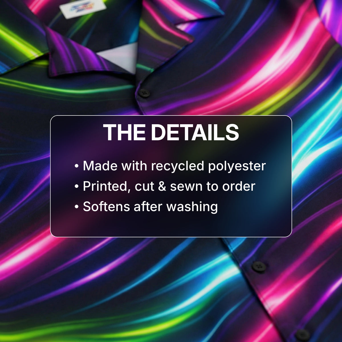 Neon Flow shirt details – made with recycled polyester, printed, cut and sewn to order, softens after washing