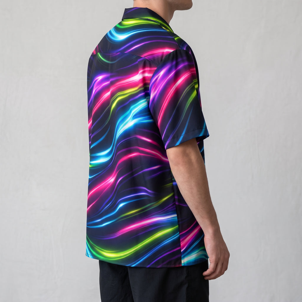 Side view of the Neon Flow shirt showing the short sleeve, straight hem and relaxed oversized fit