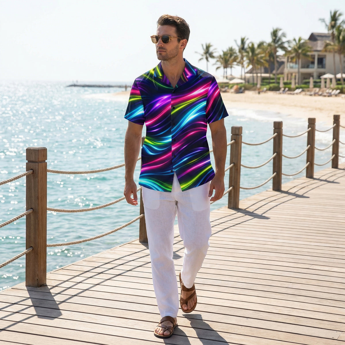 Man wearing the Neon Flow shirt with white trousers on a seaside boardwalk