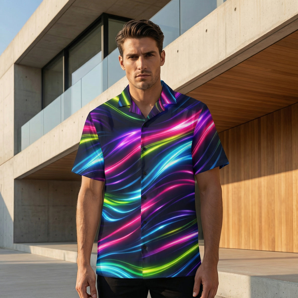 Man wearing the Neon Flow shirt in front of modern concrete architecture