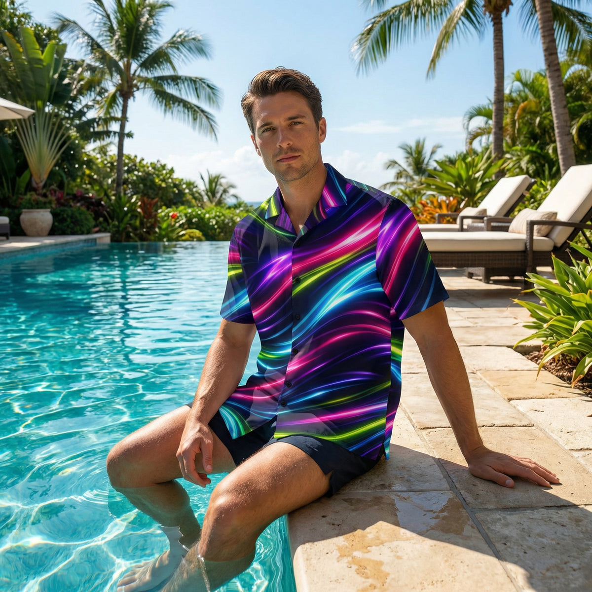 Man wearing the Neon Flow shirt sitting at the edge of a resort swimming pool