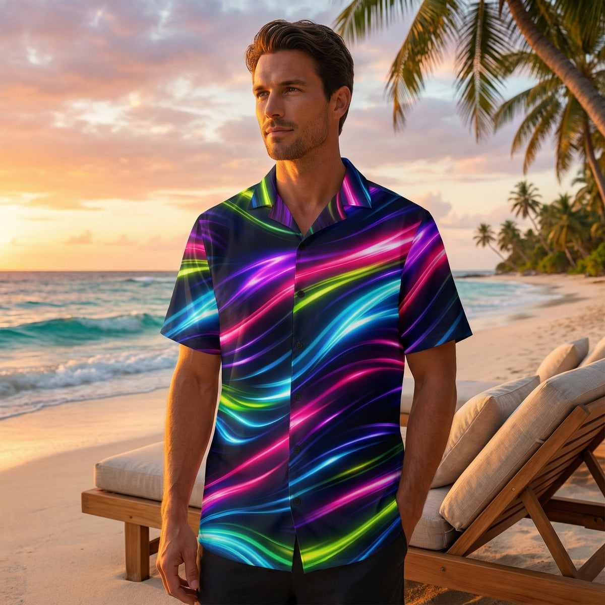 Man wearing the Neon Flow shirt on a tropical beach at sunset