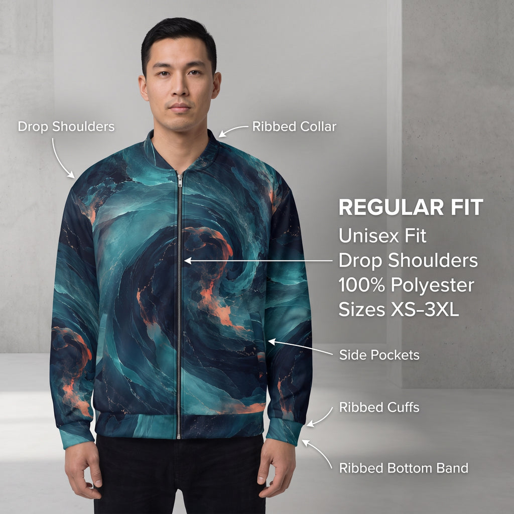 Model wearing the Neon Nebula all-over print bomber jacket
