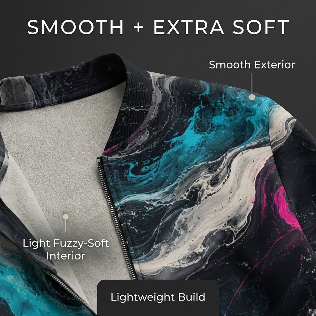 Close-up of the Geo Spectrum bomber jacket turquoise and magenta print and fabric