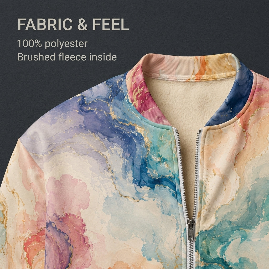 Close-up of the Ethereal Drift bomber jacket blue and pink print and fabric