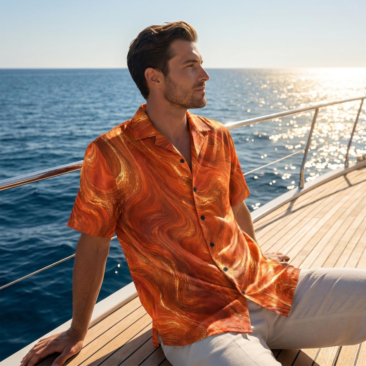 Man wearing the Burnt Copper Flow burnt orange marble button-up shirt on a yacht deck at sunset