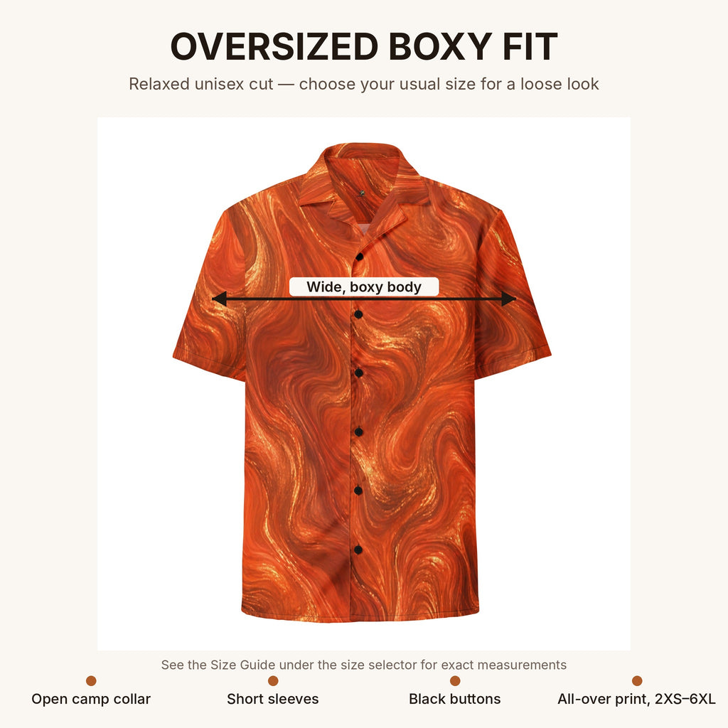 Oversized boxy fit guide for the Burnt Copper Flow shirt: open camp collar, short sleeves, black buttons