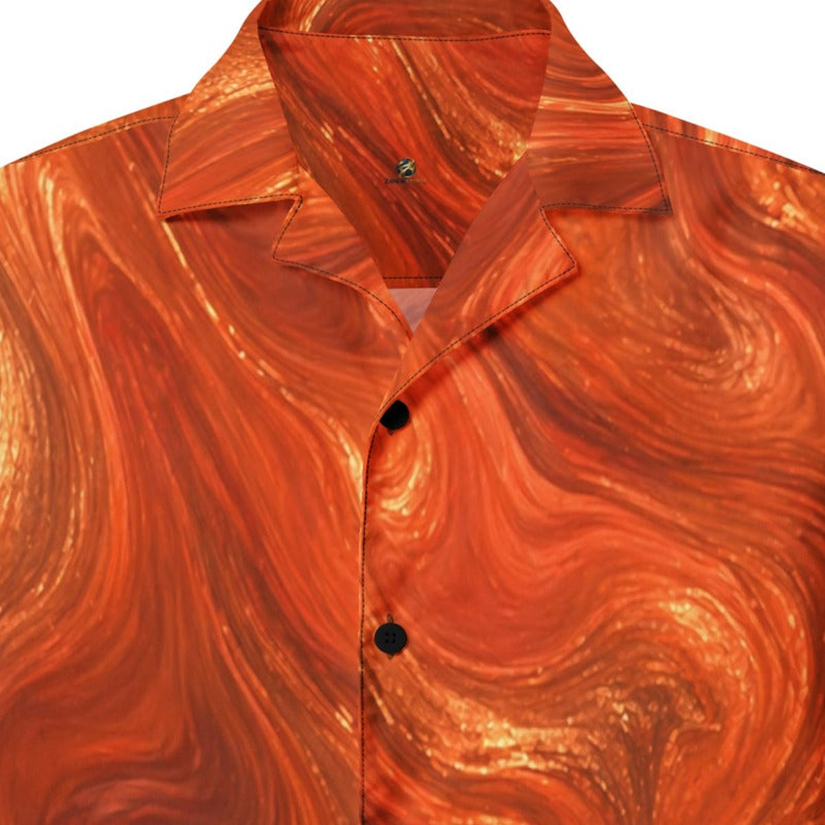 Camp collar and black button detail of the Burnt Copper Flow shirt with ZAVIOR GLOBAL inside label