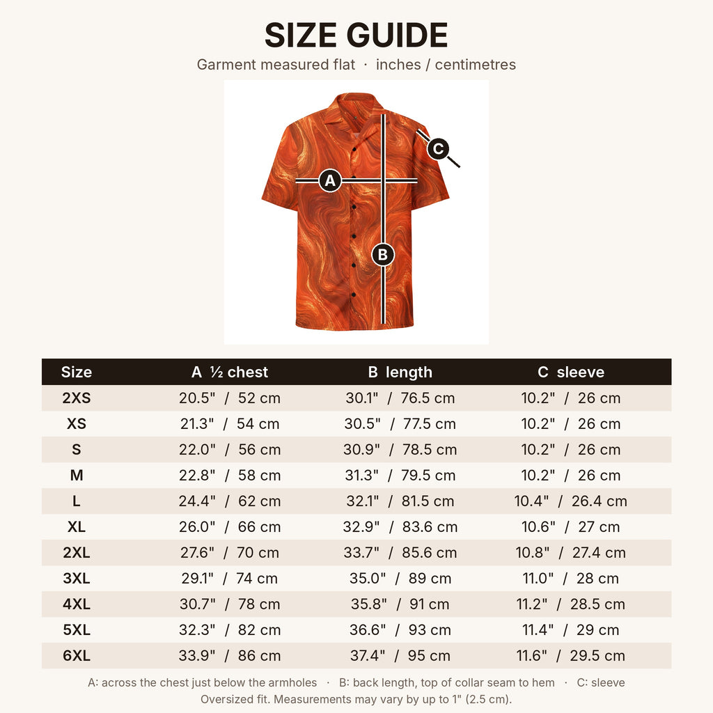 Burnt Copper Flow size guide in inches and centimetres, sizes 2XS to 6XL