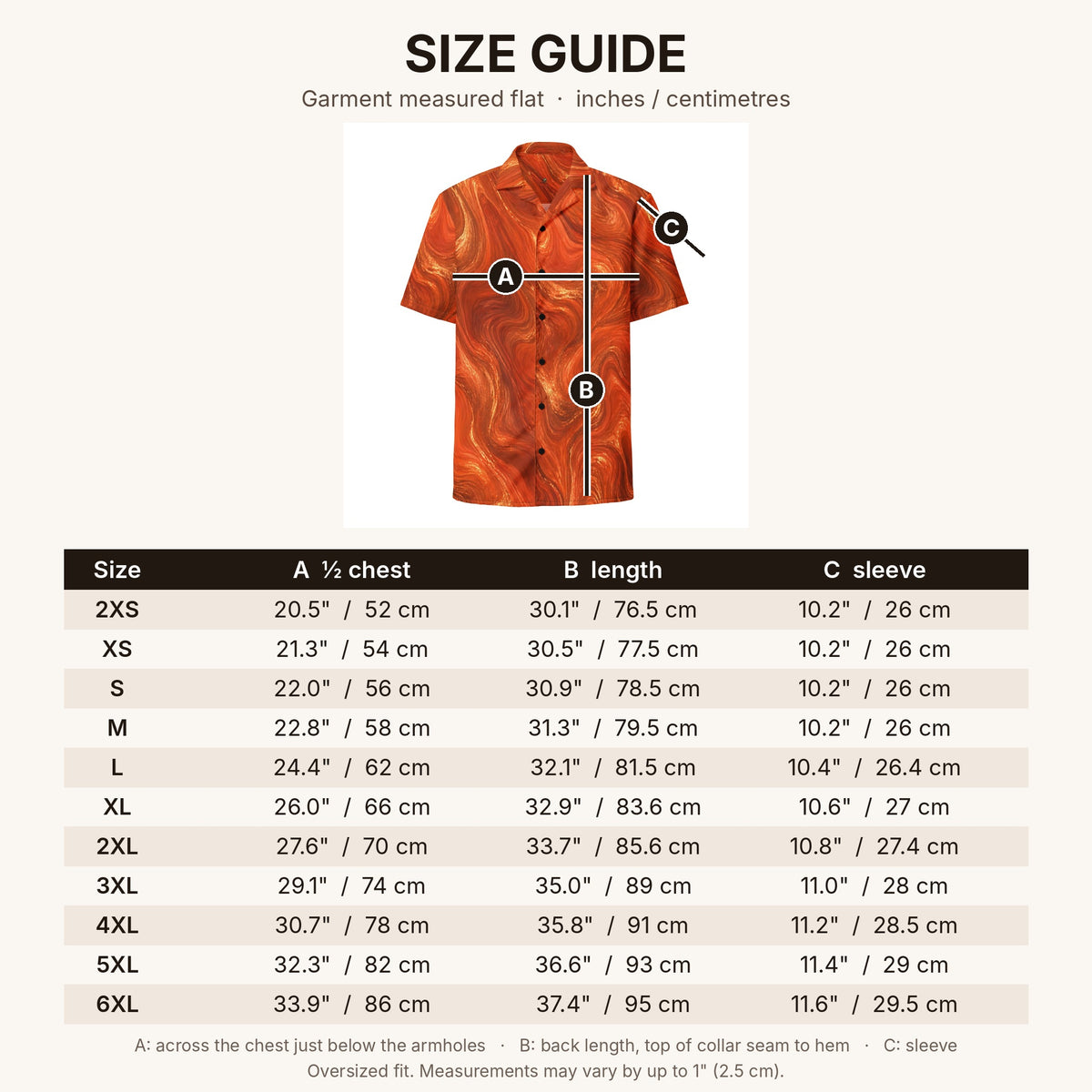 Burnt Copper Flow size guide in inches and centimetres, sizes 2XS to 6XL