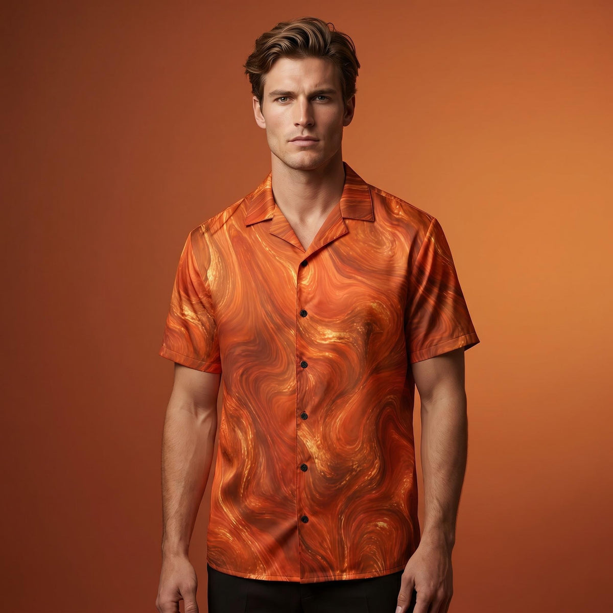 Man in the Burnt Copper Flow shirt in a studio with a burnt orange backdrop