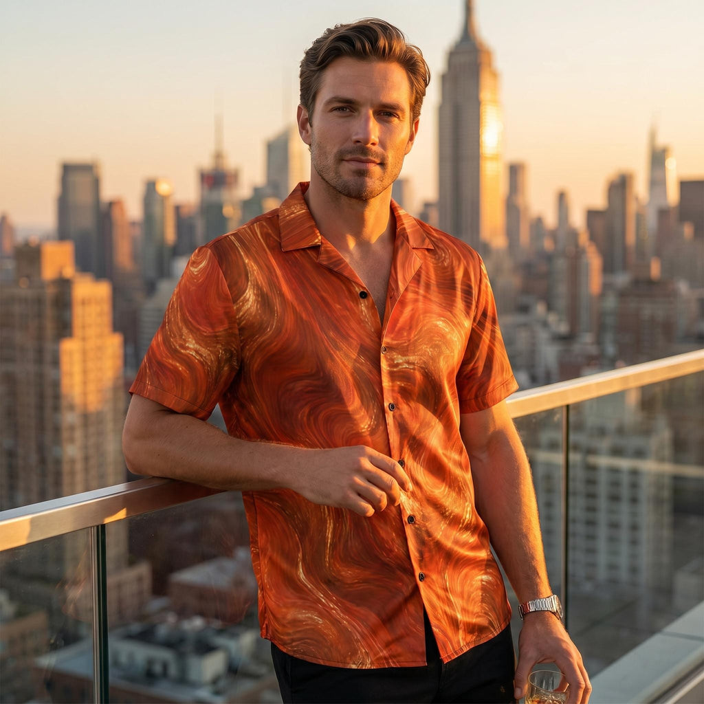 Man wearing the Burnt Copper Flow shirt on a city rooftop terrace at golden hour