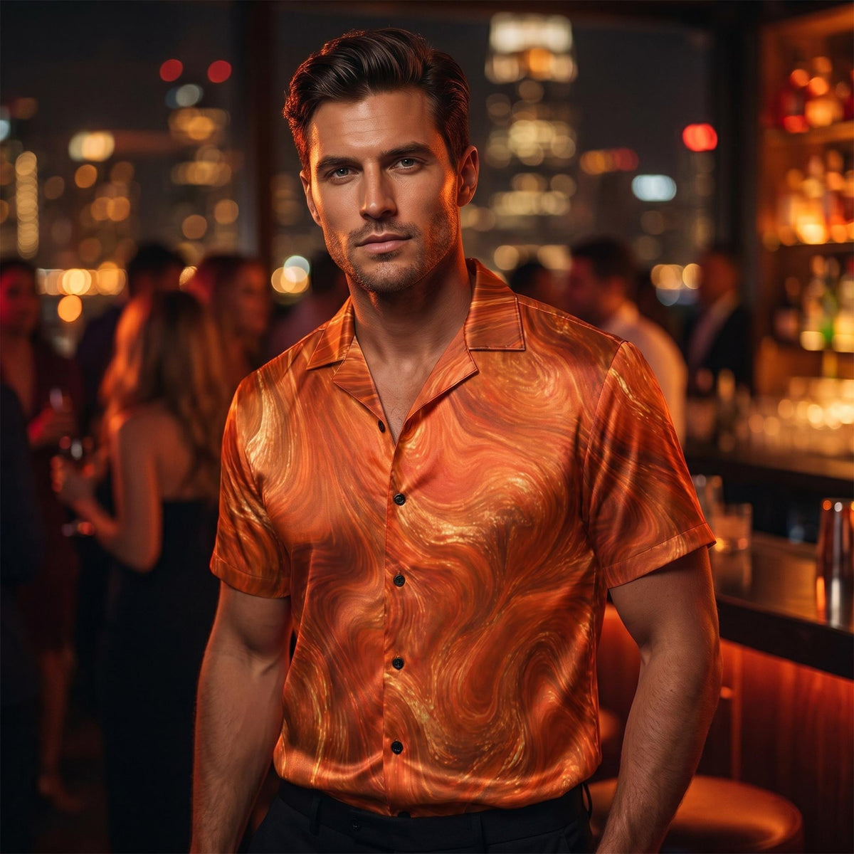 Man in the Burnt Copper Flow shirt at a night bar