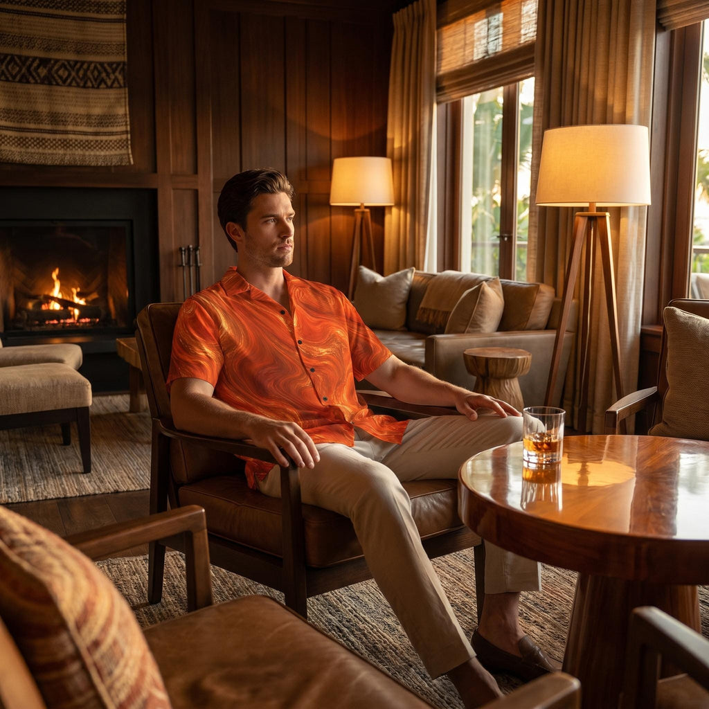 Man relaxing in a lounge by the fireplace wearing the Burnt Copper Flow shirt