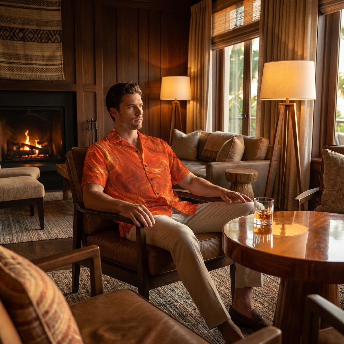 Man relaxing in a lounge by the fireplace wearing the Burnt Copper Flow shirt