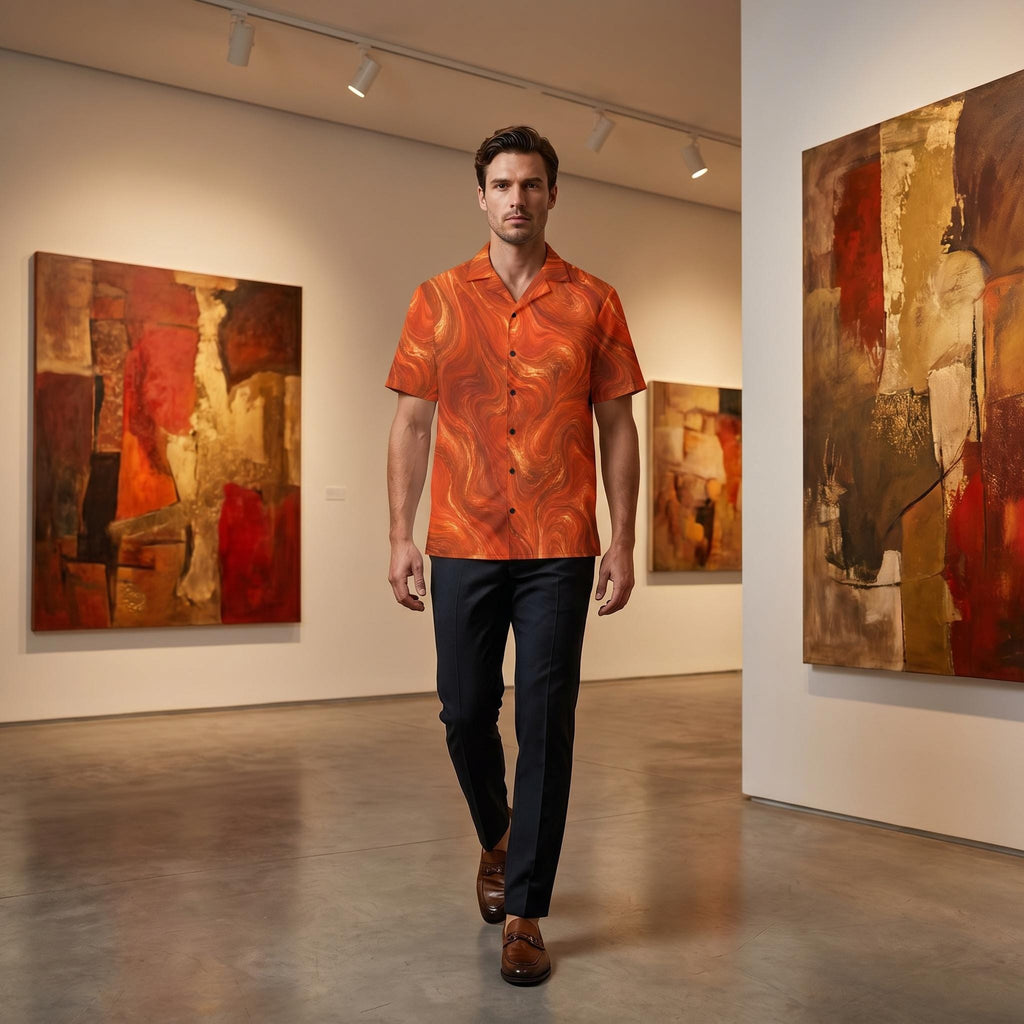Man walking through an art gallery wearing the Burnt Copper Flow shirt with dark trousers