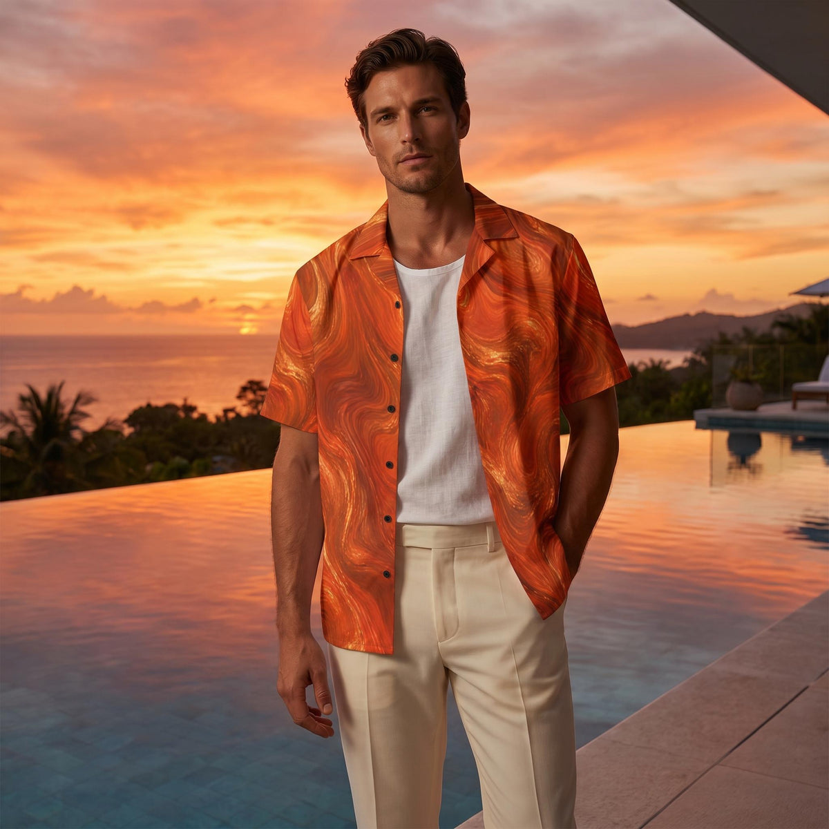 Man wearing the Burnt Copper Flow shirt over a white tee on a sunset terrace by the sea
