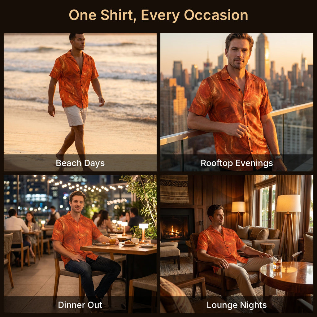 Styling inspiration for the Burnt Copper Flow shirt: beach days, rooftop evenings, dinner out and lounge nights