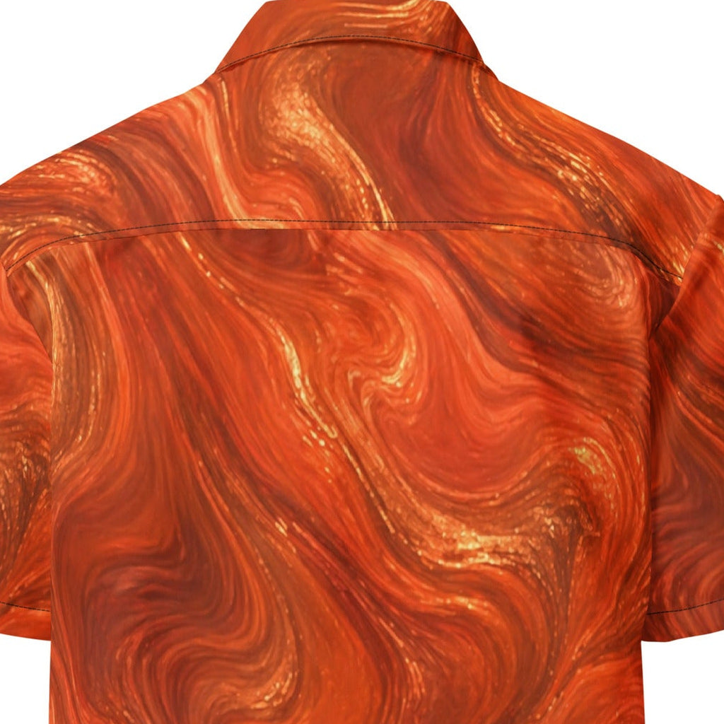 Back yoke and shoulder detail of the Burnt Copper Flow shirt showing print continuity