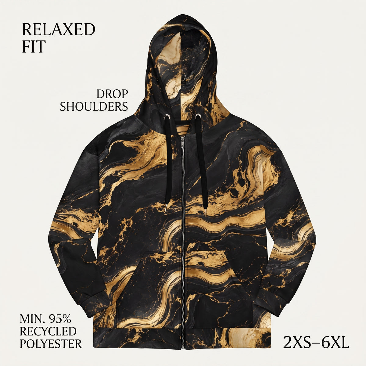 A zip-up hoodie with a black and gold marble pattern, featuring a relaxed fit with drop shoulders and a full front zipper. The image includes text overlays describing the fit and material details on a light gray background.