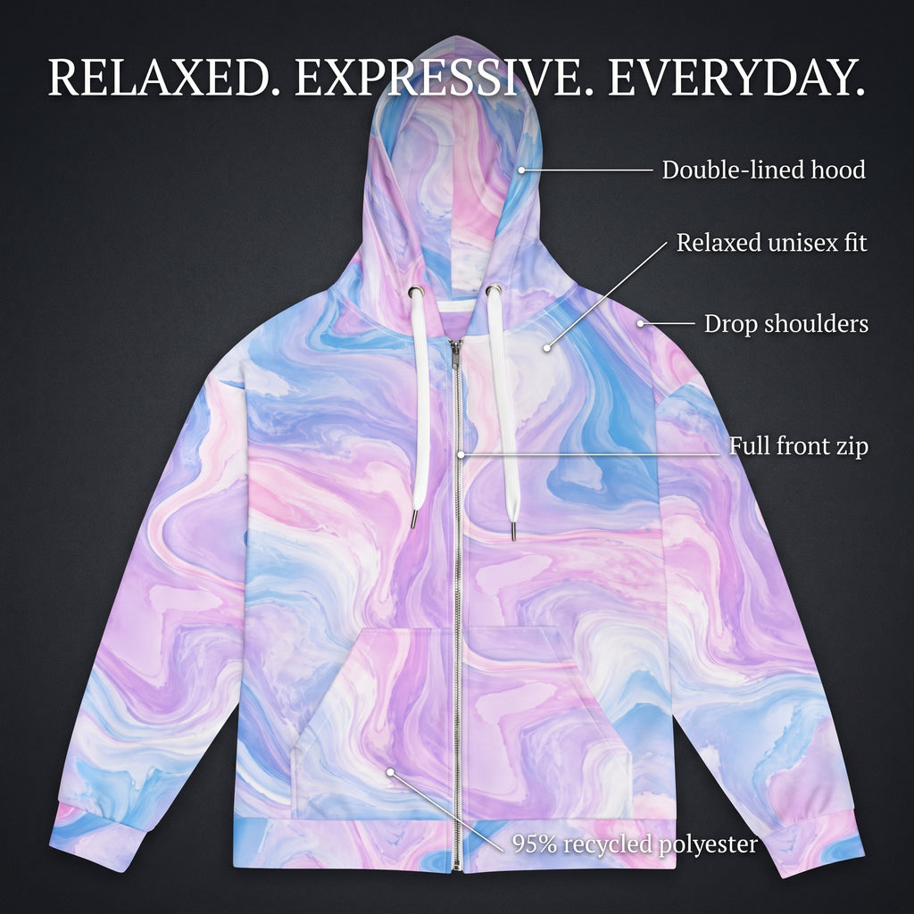 Pastel Mirage unisex zip hoodie product information graphic