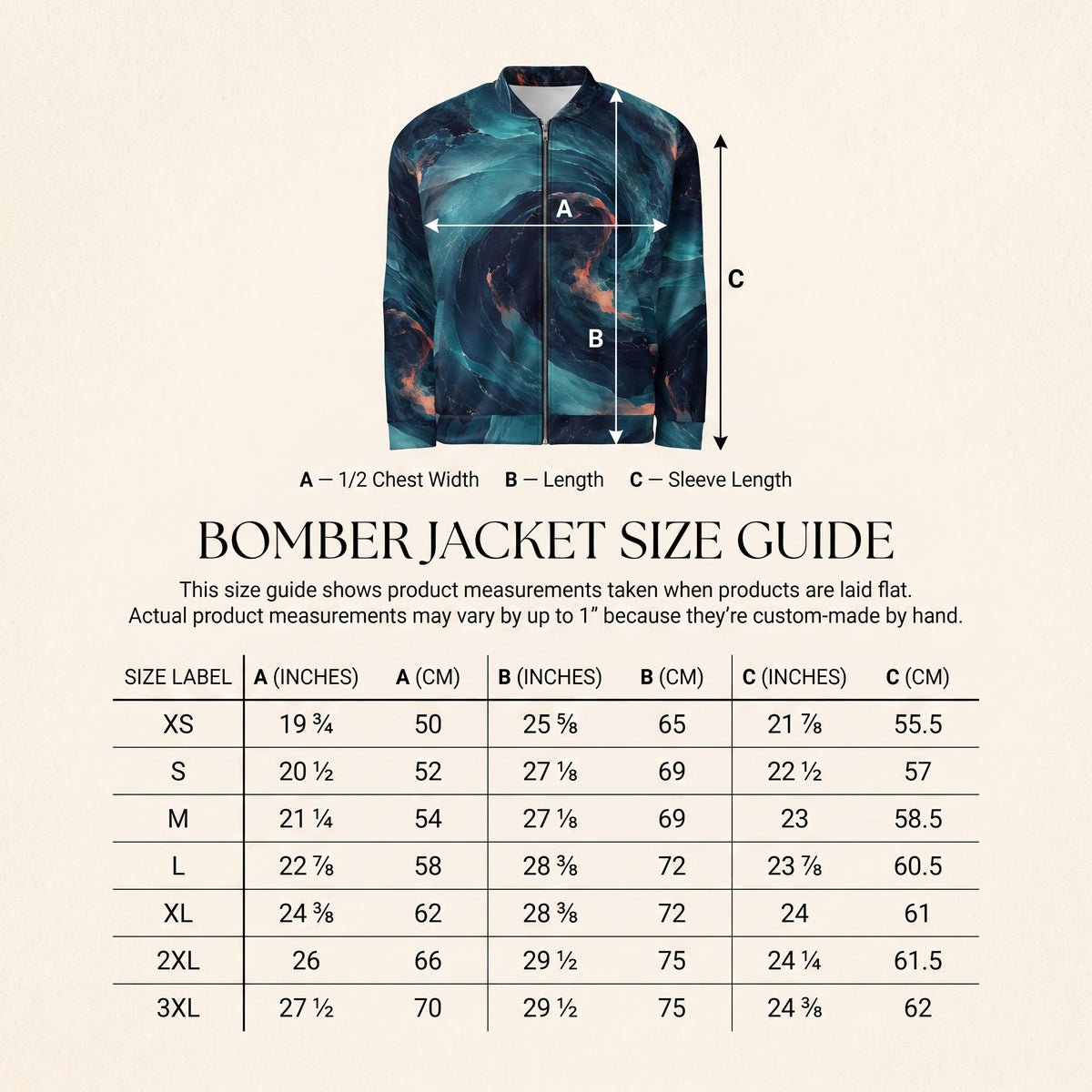 Neon Nebula unisex bomber jacket size guide