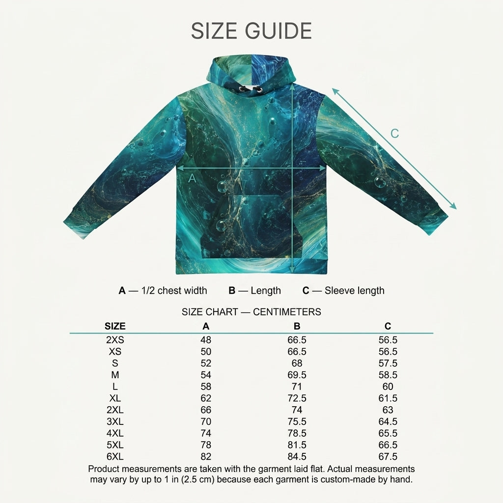 A size guide chart for a hooded jacket, showing a front view of the garment with arrows labeling chest width, length, and sleeve length, plus a size chart table with measurements for sizes 2XS through 6XL on a light beige background.