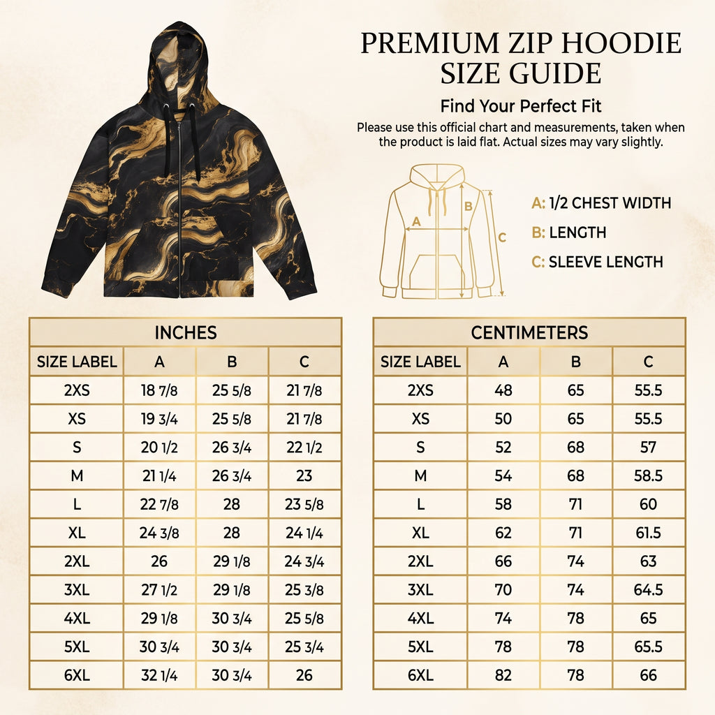 Golden Oro unisex zip hoodie size guide