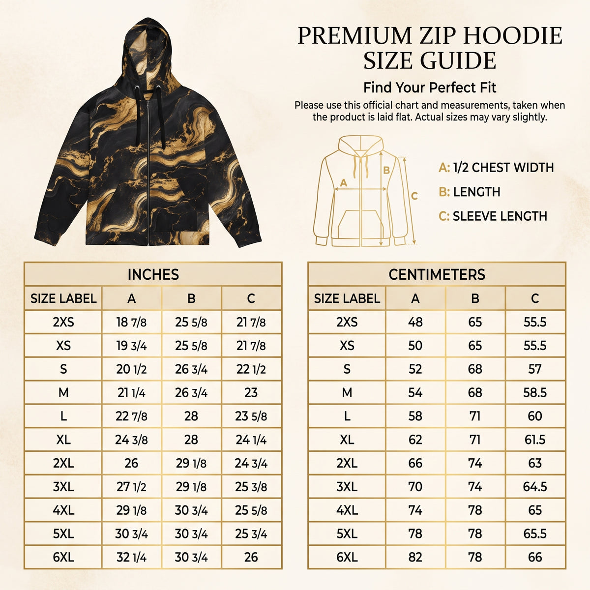 Golden Oro unisex zip hoodie size guide