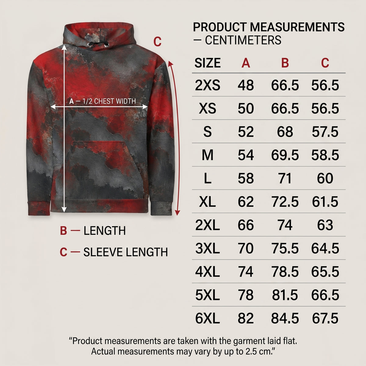 Red & Black Abstract unisex hoodie size guide