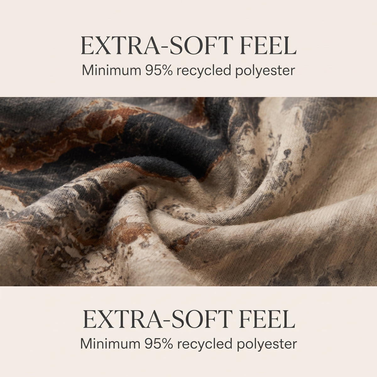 A draped fabric swatch with a mottled abstract pattern in beige, brown, black, and gray, framed by cream-colored text blocks that read 'EXTRA-SOFT FEEL' and 'Minimum 95% recycled polyester'.