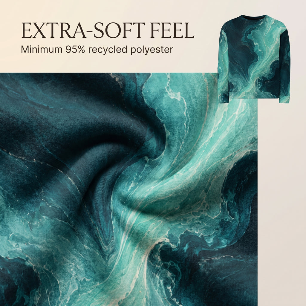 A fabric/material sample graphic with the text 'EXTRA-SOFT FEEL' and 'Minimum 95% recycled polyester' above a close-up of an abstract marbled pattern in deep teal, aqua, and black. A small inset at the top right shows a long-sleeve top printed with the same pattern.