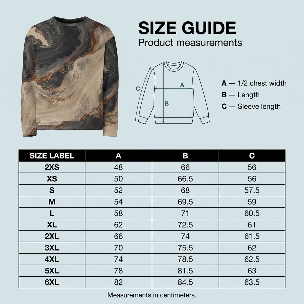 A size guide infographic for a crewneck sweatshirt, showing a small product photo of a marbled sweatshirt, a line drawing with labeled chest width, length, and sleeve length, and a size chart table with measurements for sizes 2XS through 6XL on a pale blue background.