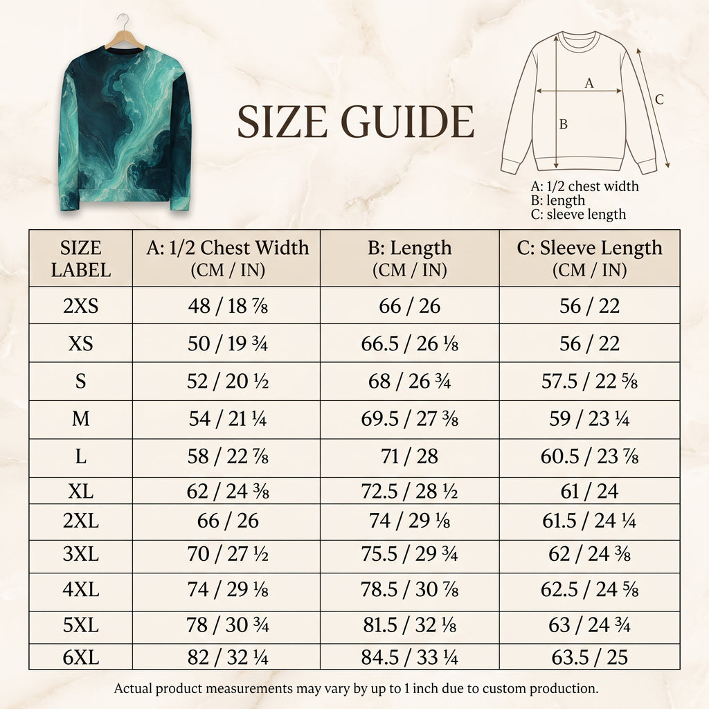 Size guide chart for a long-sleeve sweatshirt, showing a small product photo of a teal marbled sweatshirt, a line drawing with labeled chest, length, and sleeve measurements, and a size table listingXS through 6XL with chest, length, and sleeve measurements in centimeters and inches.