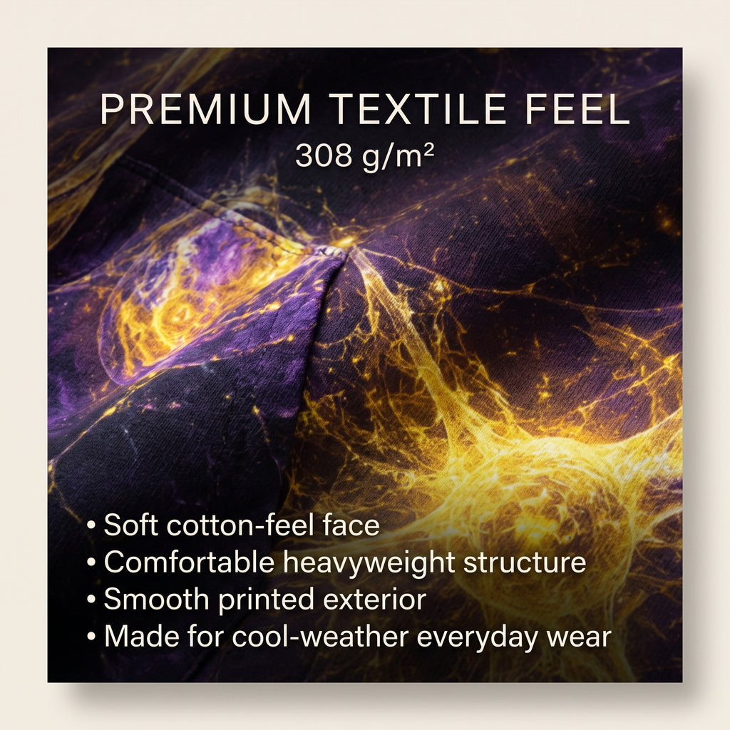 A square promotional graphic for a premium textile material, showing a close-up of a dark fabric with glowing yellow and purple fiber-like texture. White text at the top reads 'PREMIUM TEXTILE FEEL' and '308 g/m²', with bullet points at the bottom describing soft cotton-like feel, comfortable heavyweight structure, smooth printed exterior, and suitability for cool-weather everyday wear.