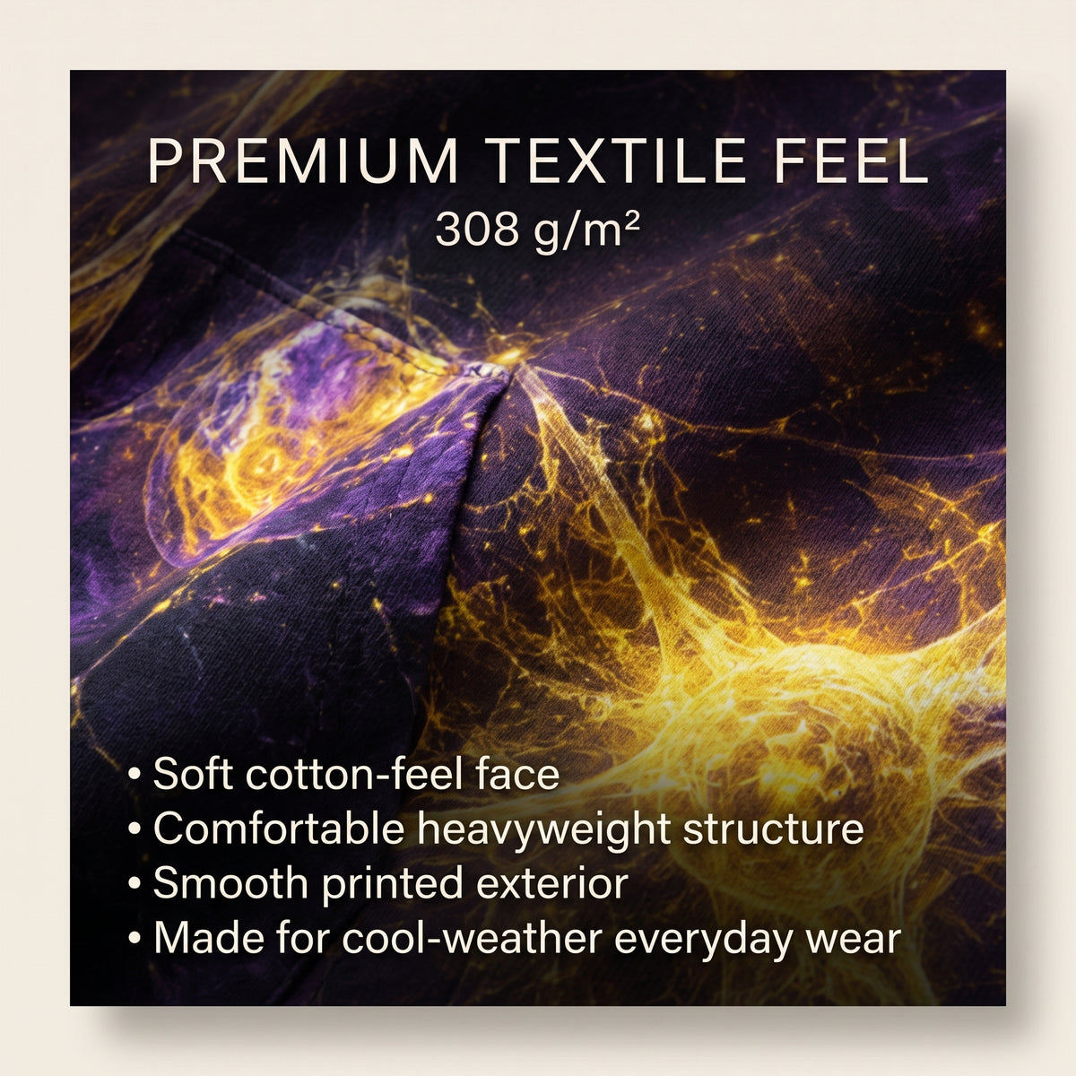 A square promotional graphic for a premium textile material, showing a close-up of a dark fabric with glowing yellow and purple fiber-like texture. White text at the top reads 'PREMIUM TEXTILE FEEL' and '308 g/m²', with bullet points at the bottom describing soft cotton-like feel, comfortable heavyweight structure, smooth printed exterior, and suitability for cool-weather everyday wear.