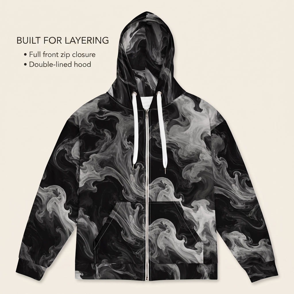 Phantom Smoke unisex zip hoodie product information graphic