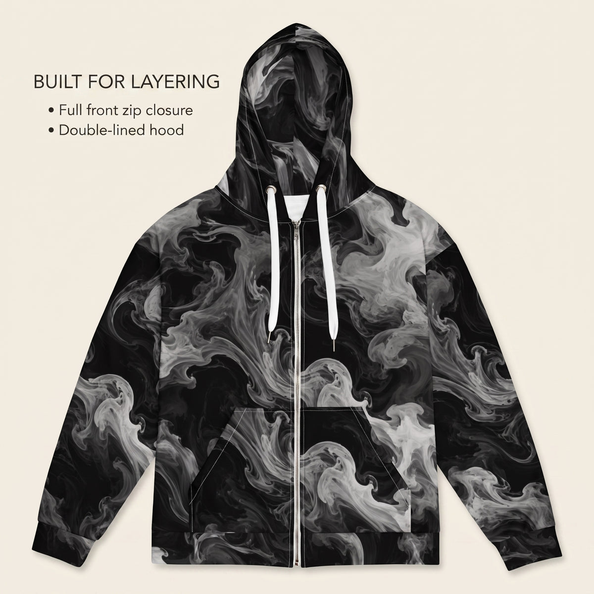 Phantom Smoke unisex zip hoodie product information graphic
