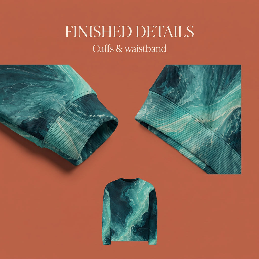A product detail graphic on a terracotta background showing close-ups of a long-sleeve sweatshirt cuff and waistband, plus a small centered view of the full sweatshirt. Text at the top reads 'FINISHED DETAILS' and 'Cuffs & waistband.