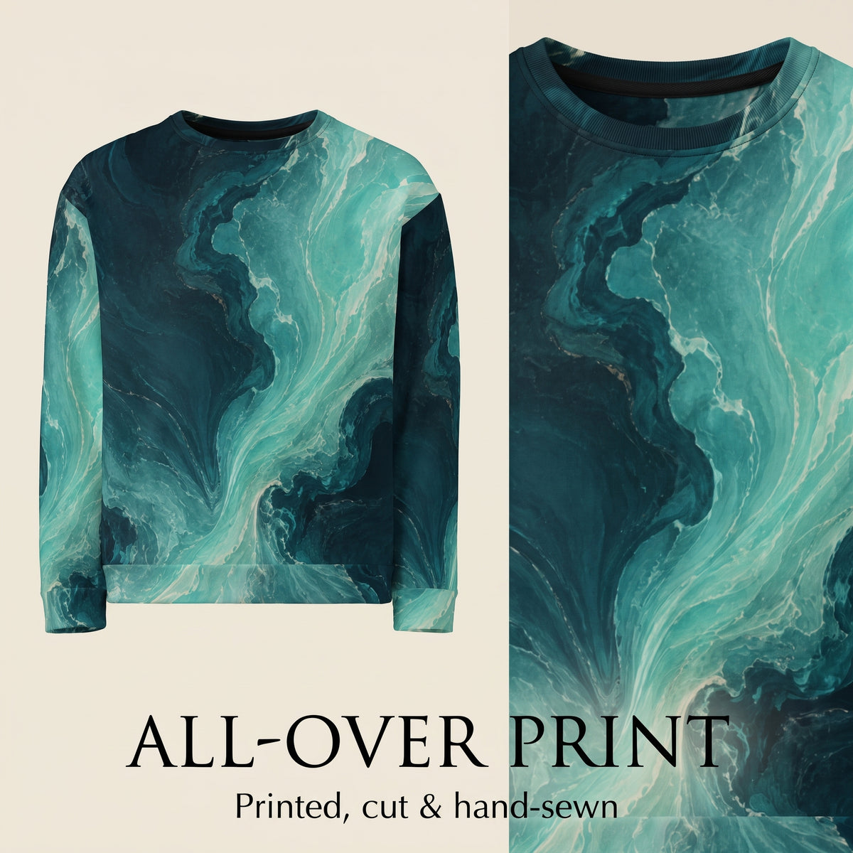 A long-sleeve crewneck sweatshirt shown in two views on a light beige background: a full-body front view and a close-up of the chest print. The garment features an all-over abstract marbled pattern in deep teal, turquoise, and dark blue-green tones.
