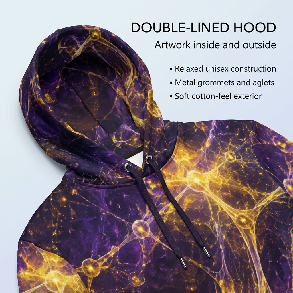 A double-lined pullover hoodie with a purple and gold cosmic nebula print, featuring black drawstrings and metal aglets. The image includes marketing text overlays on a light blue-gray background.