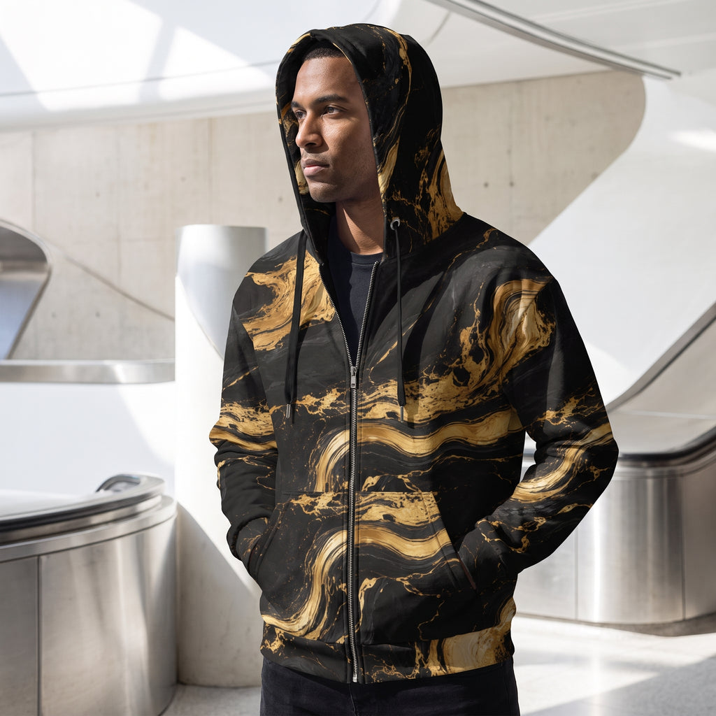 Editorial-style photo of the Golden Oro zip hoodie