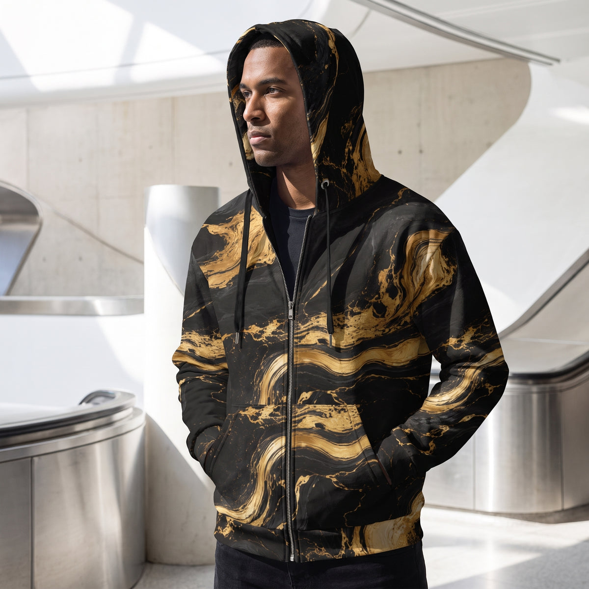 Editorial-style photo of the Golden Oro zip hoodie