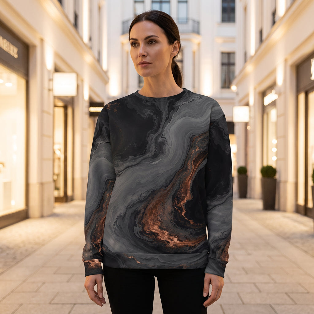 Woman wearing the Molten Obsidian sweatshirt, black and copper print