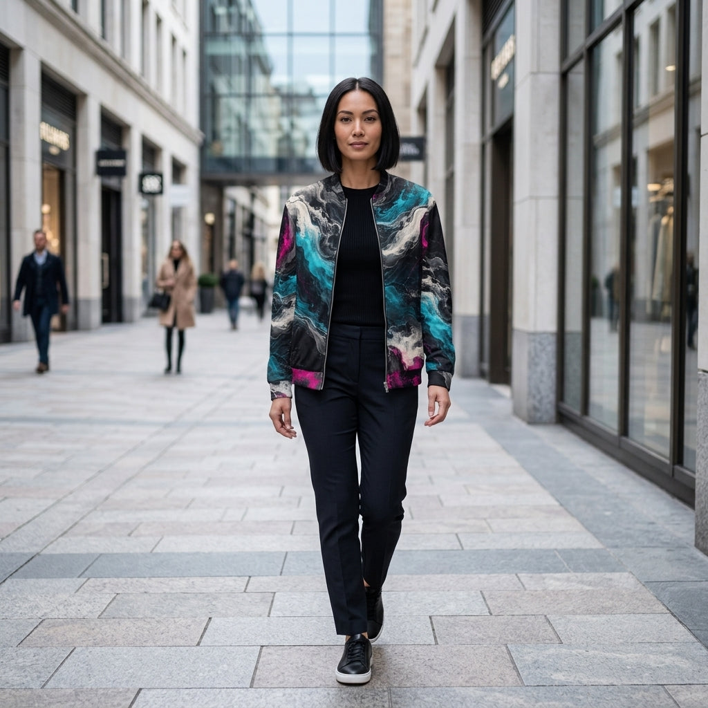 Woman wearing the Geo Spectrum bomber jacket – turquoise, magenta and ivory marble print