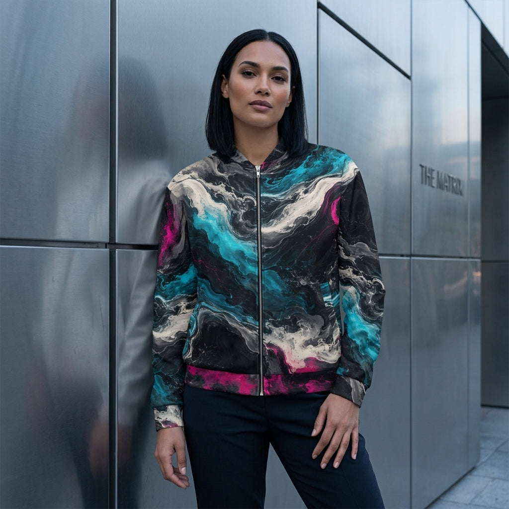 Woman wearing the Geo Spectrum bomber jacket – turquoise, magenta and ivory marble print