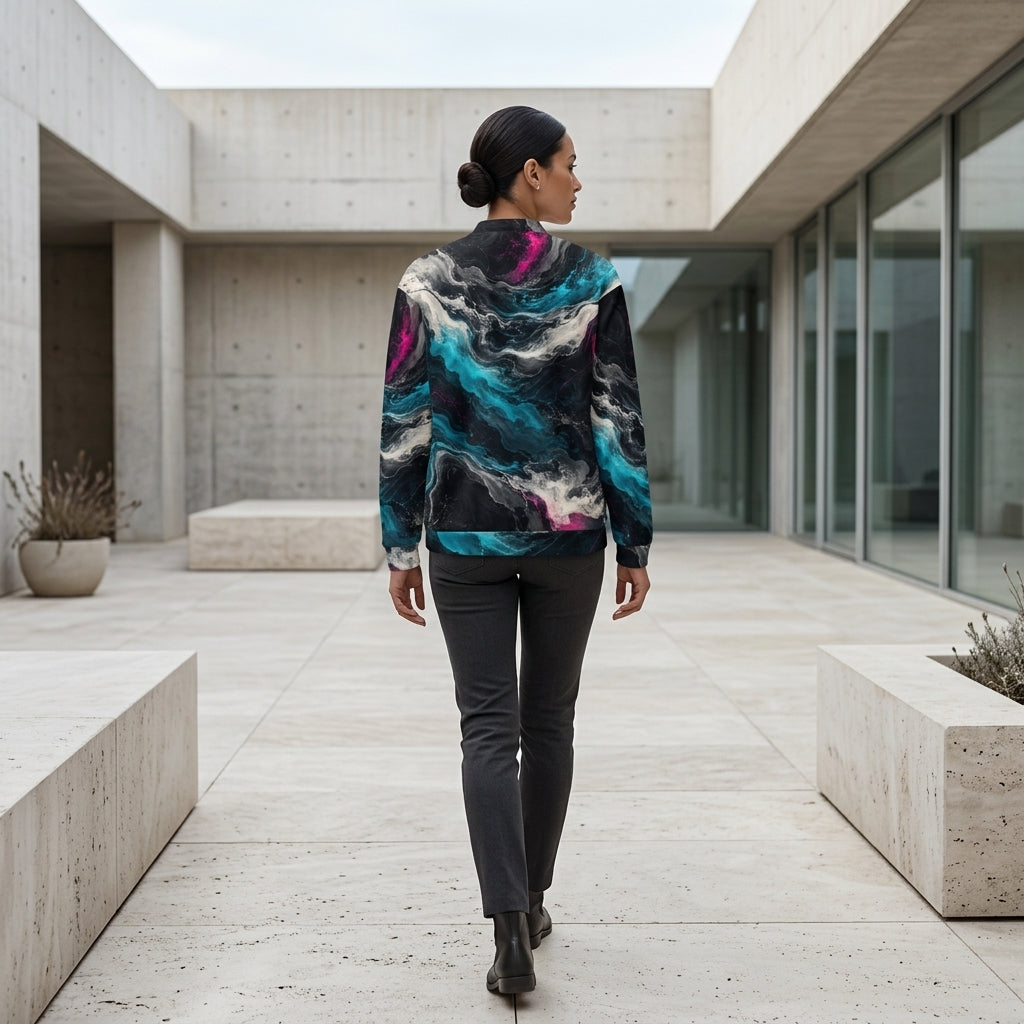 Woman wearing the Geo Spectrum bomber jacket, turquoise and magenta print